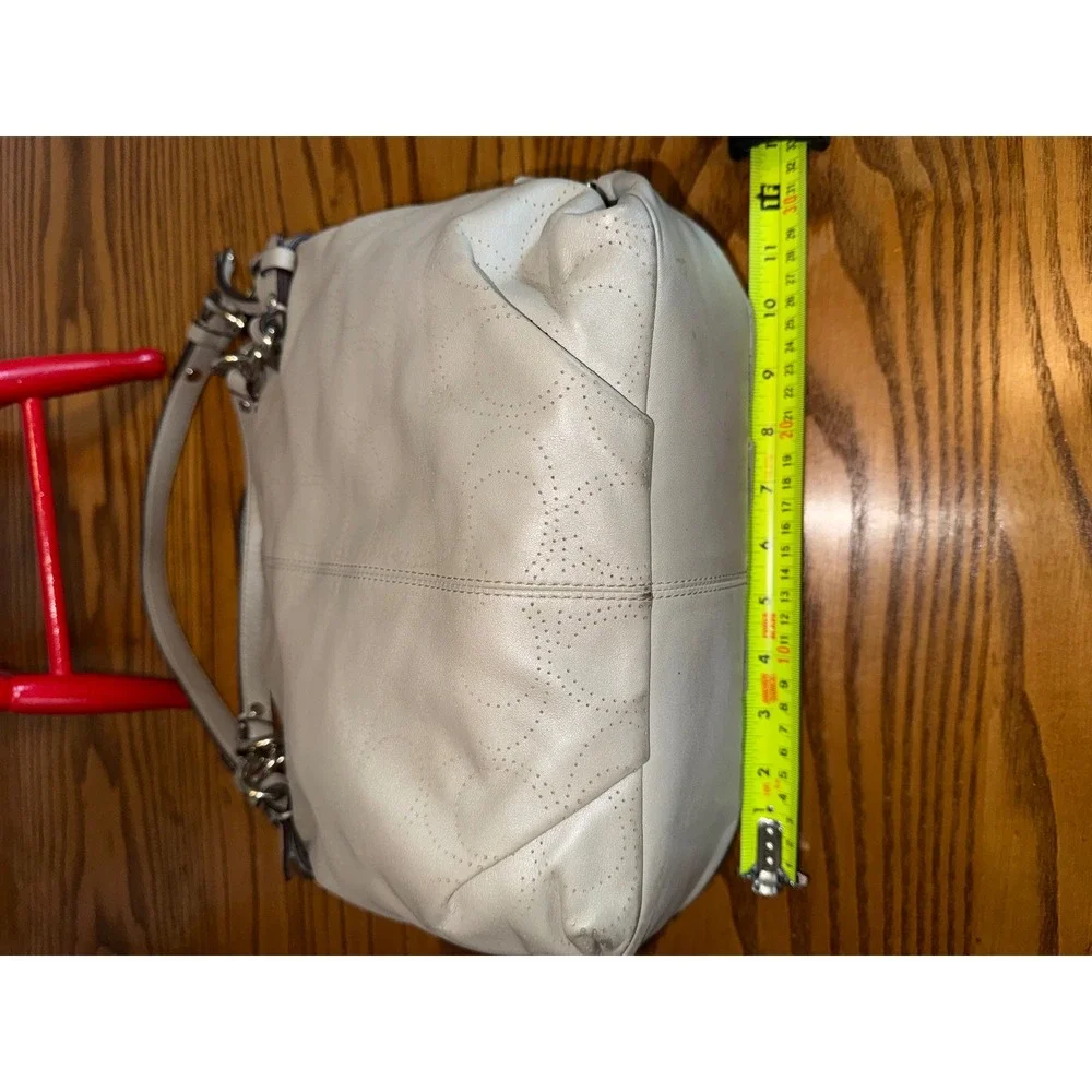 Coach Perforated Signature Leather Shoulder Bag Off White Silver Hardware Hobo